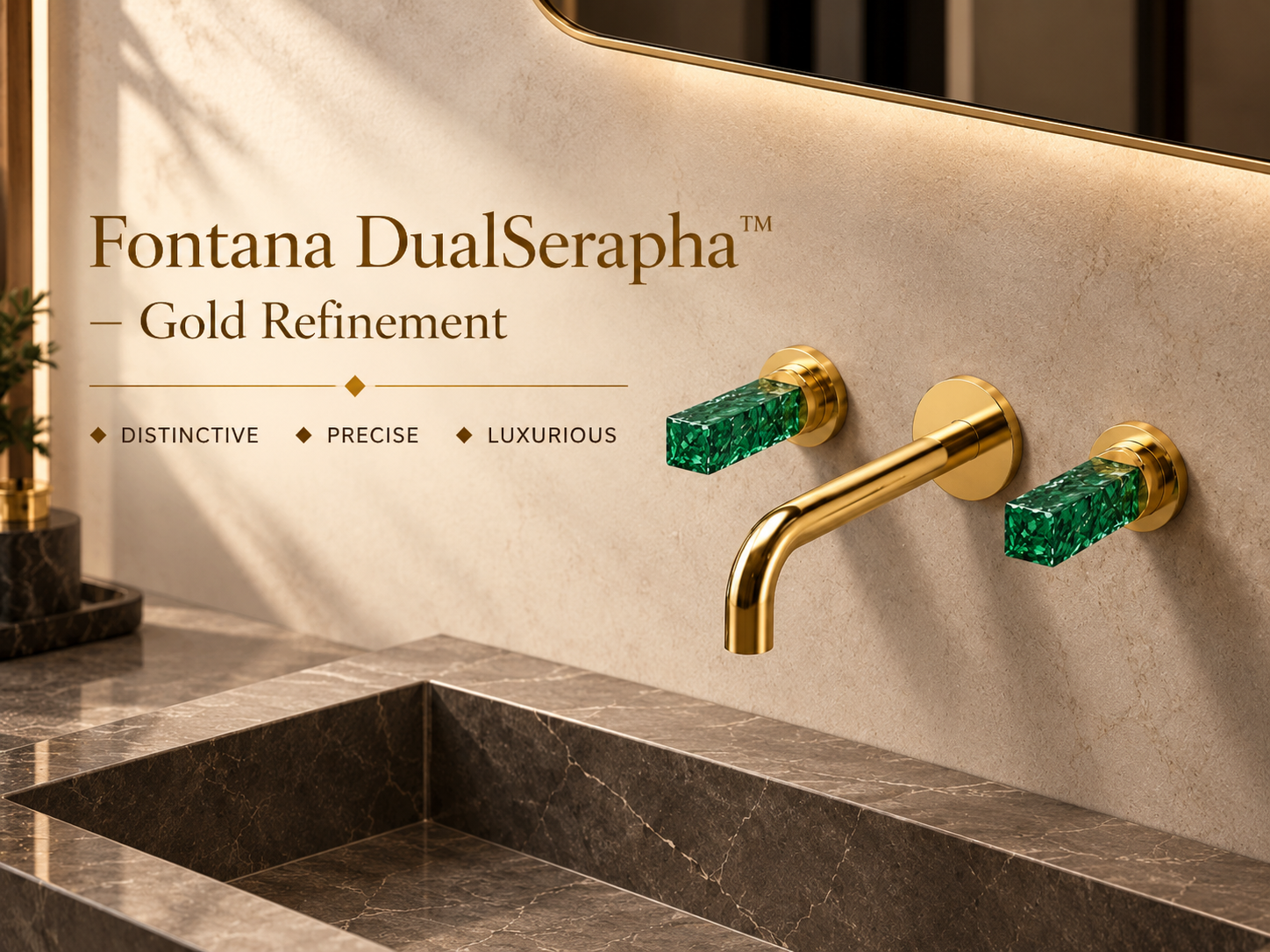 Fontana DualSerapha Gold Wall-Mounted Two Handle Bathroom Faucet with Green Crystal Handles